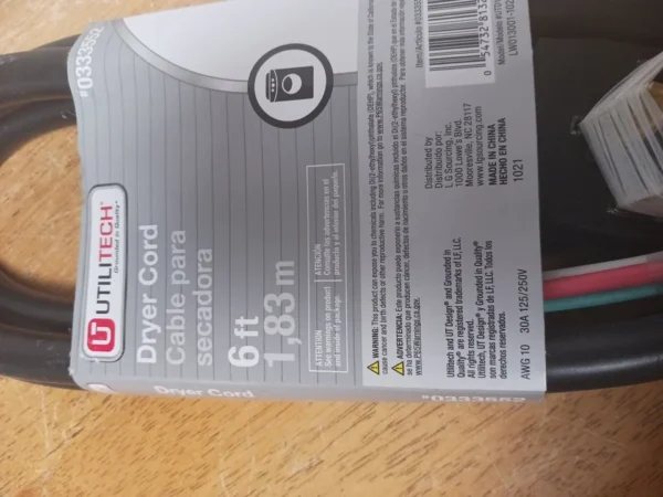 Utilitech 6ft 4 Prong Dryer Cord 0333552 (Money Back Guarantee)