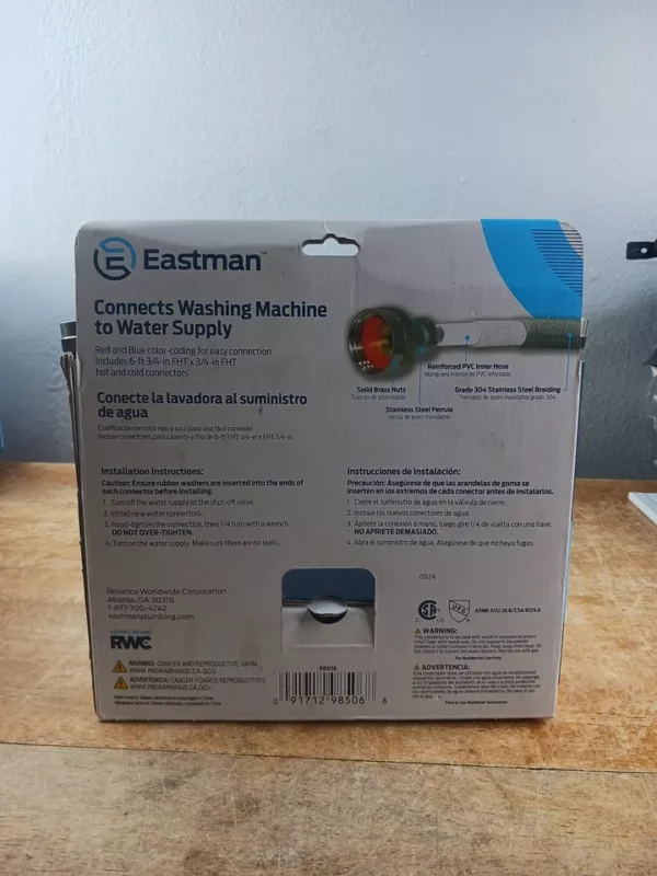 NEW Eastman Stainless Steel 2 Pack Hot/Cold Washing Machine Connector 6-ft Hose